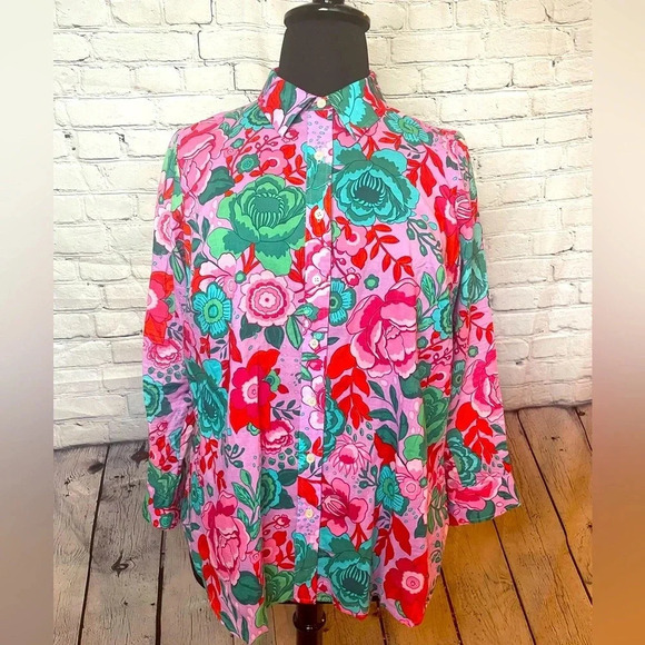 TALBOTS COTTON BUTTON FRONT SHIRT - SKETCHED BLOOMS Plus 1X - Picture 1 of 9